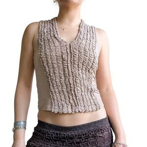 DKNY Y2K Romantic Whimsical Euro Summer Ruched Ruffle Textured Tank Top